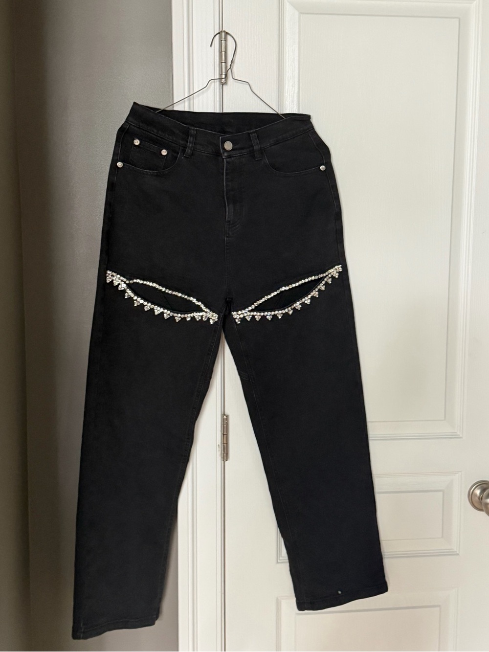 Black Straight-Leg Women's Jeans with Rhinestone Trim